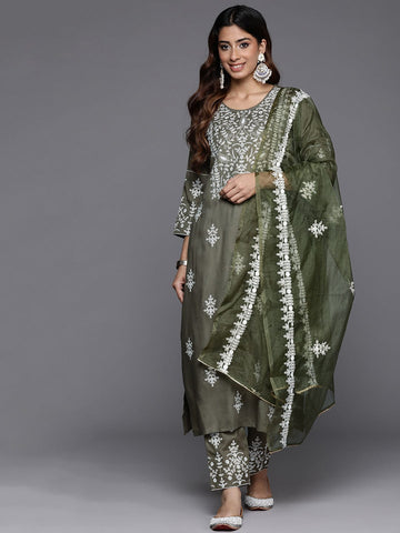 Varanga Women Olive Embroidered Kurta Paired With Tonal Trouser And Dupatta